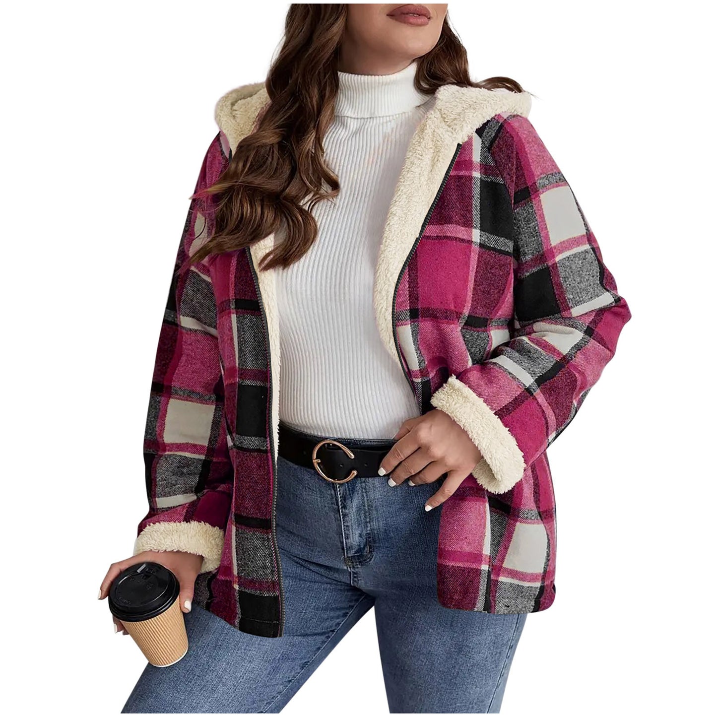 Plaid Print Fleece Lined Thick Women's Hoodie Jacket