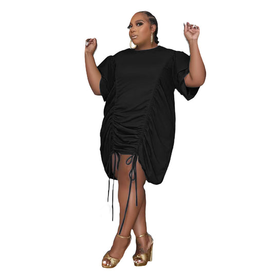 Oversized Ruched Double Short Sleeve Drawstring Midi Dress to 5X Plus Size