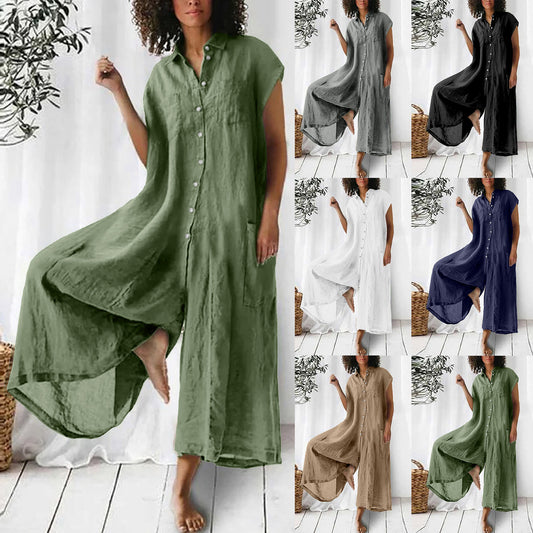 Button-Up Solid Color Short Sleeve Midi Length Women's Wide Leg Jumpsuit