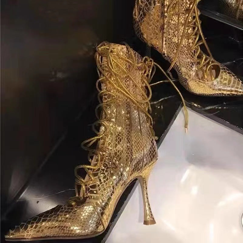 Metallic Lace-Up Women's Pointed Toe Hollow-Out Side Zipper Stiletto Heel Latin Dance Ankle Boots