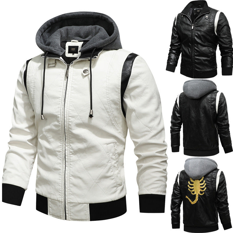 Men's PU Leather Scorpion Embroidered Back Design Drawstring Zipper Hoodie Jacket