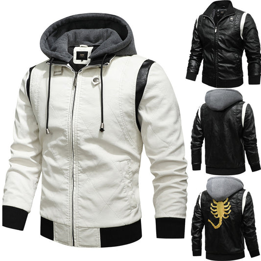 Men's PU Leather Scorpion Embroidered Back Design Drawstring Zipper Hoodie Jacket
