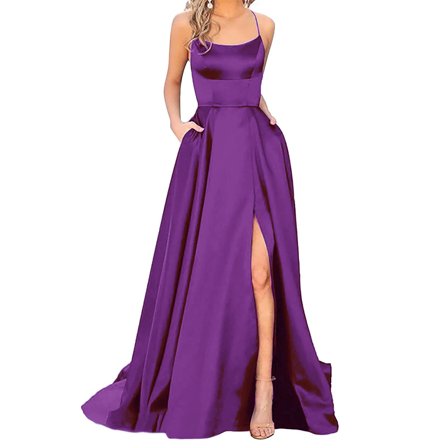 Silk Solid Color Halter Spaghetti Strap High Slit Bridesmaid/Party Formal Dress to 3X Plus Size