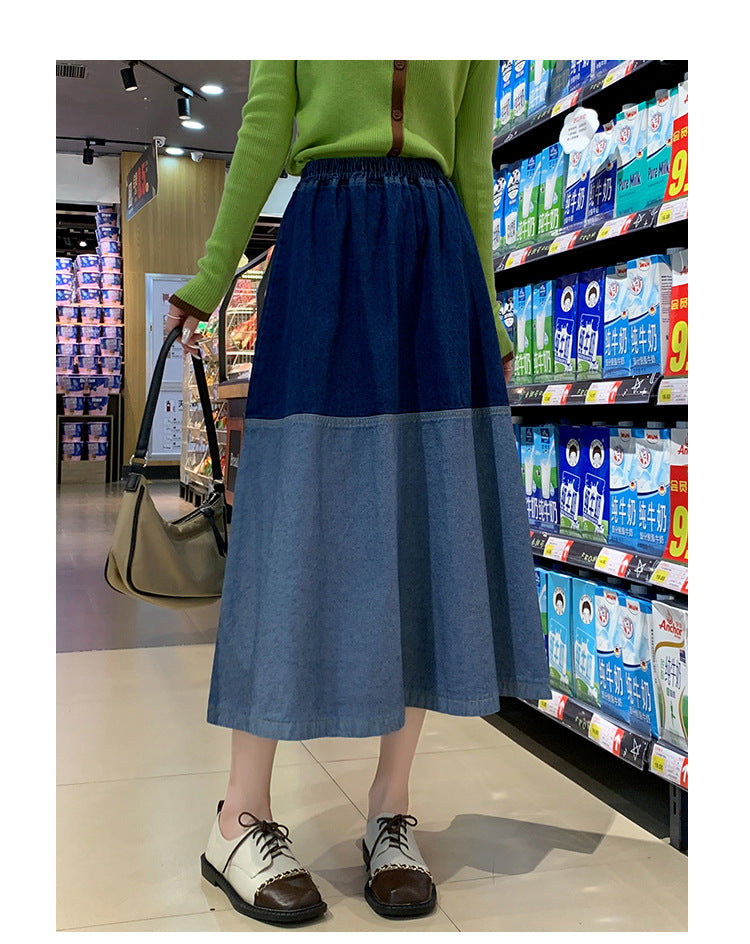 Retro Denim Blue Colorblock High Waist Maxi Jean Skirt to 4X Plus Size