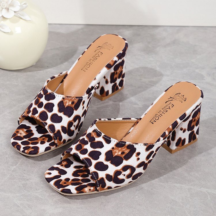 Leopard Print Open Toe Square Chunky Heel Women's Sandals