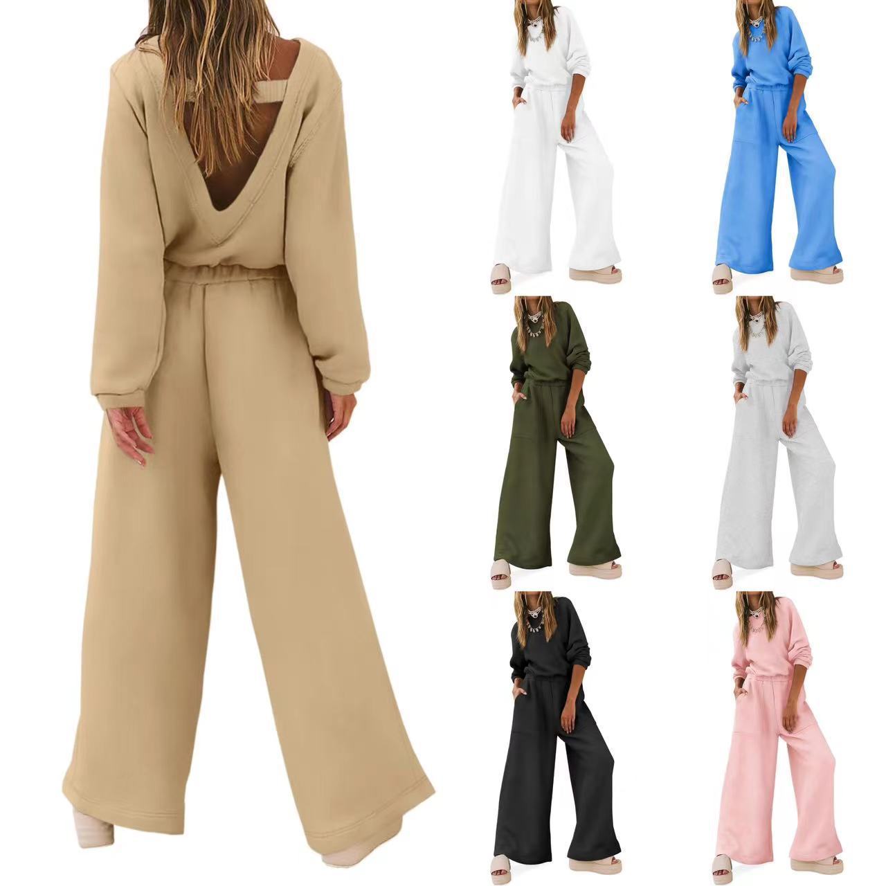 Knitted Long Sleeve Women's Solid Color Backless Sweater Jumpsuit