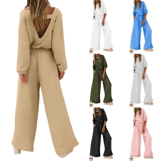 Knitted Long Sleeve Women's Solid Color Backless Sweater Jumpsuit