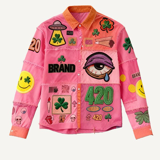 Tiered Hip-Hop 4/20 Patchwork Design Unisex Turn-Down Collar Women's Button-Up Shirt