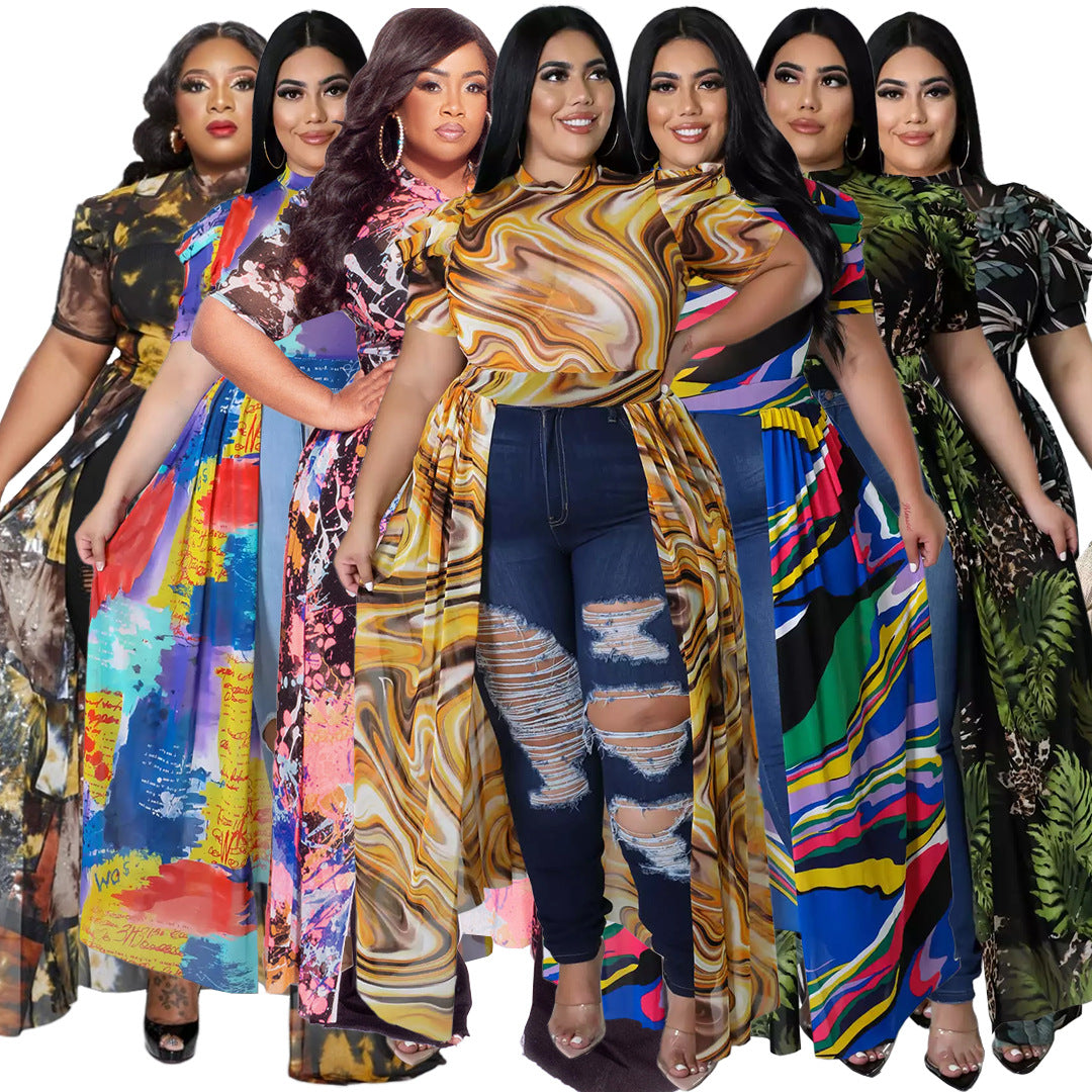 Mesh High-Low Geometric/Floral Pile Sleeve Cut-Out Maxi Blouse to 5X Plus Size