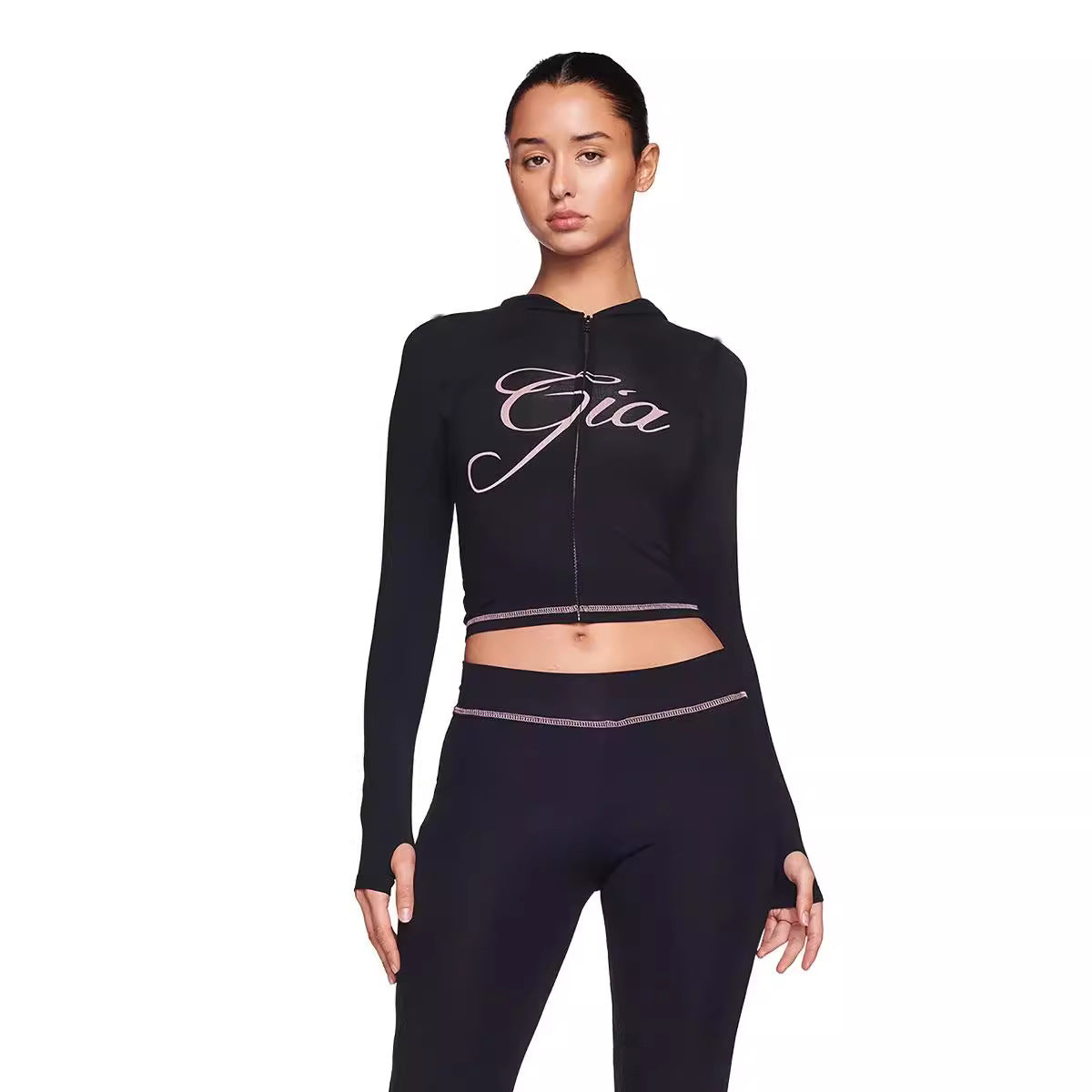 I AM GIA Women's Crop Zipper Hoodie Jacket + Sweatpants Tracksuit