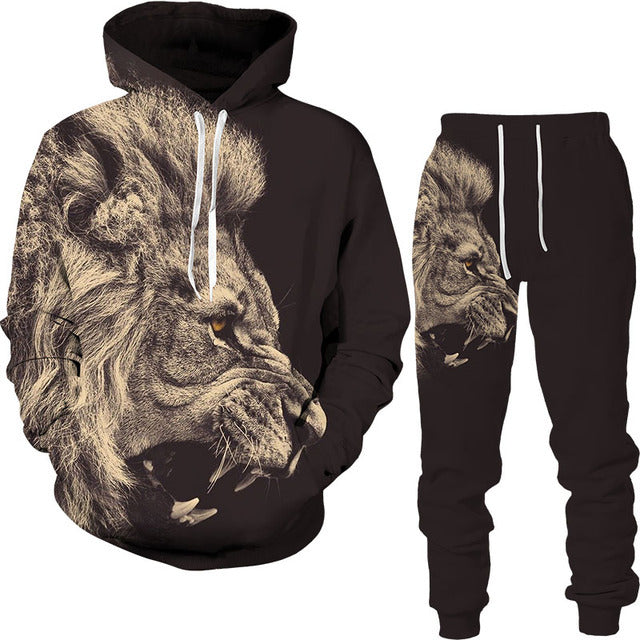 Men's 3D Lion King Print Drawstring Hoodie Sweatshirt + Sweatpants Tracksuit