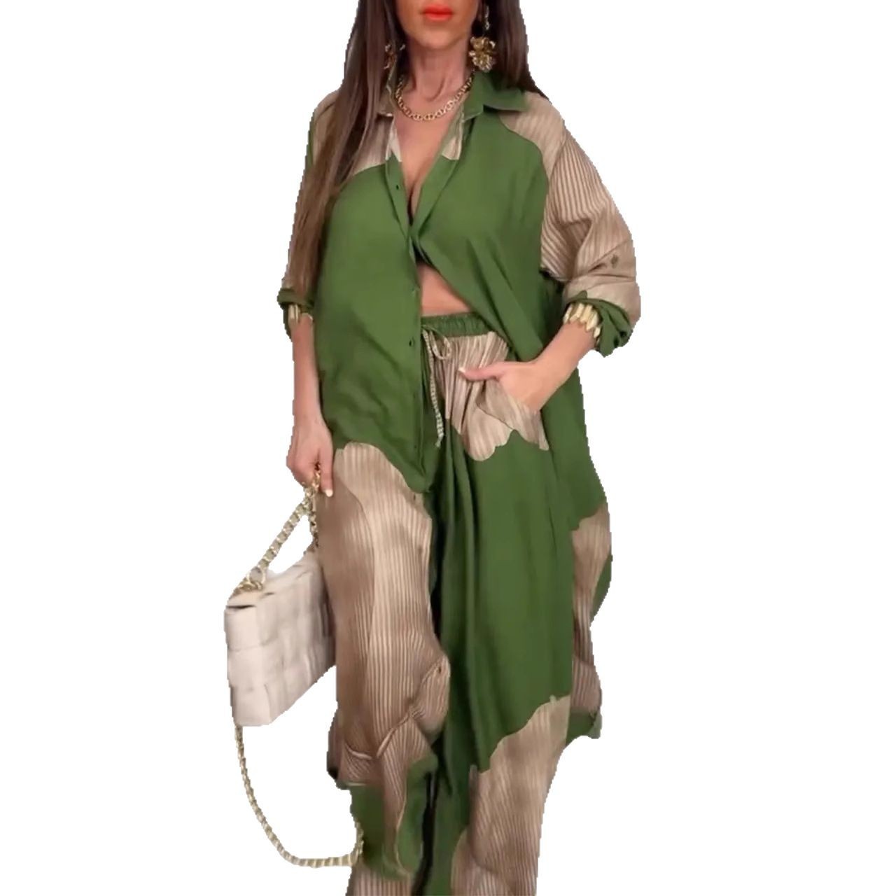 Geometric Colorblock Women's Long Sleeve Maxi Blouse + Pants 2-Piece Sets to 5X Plus Size