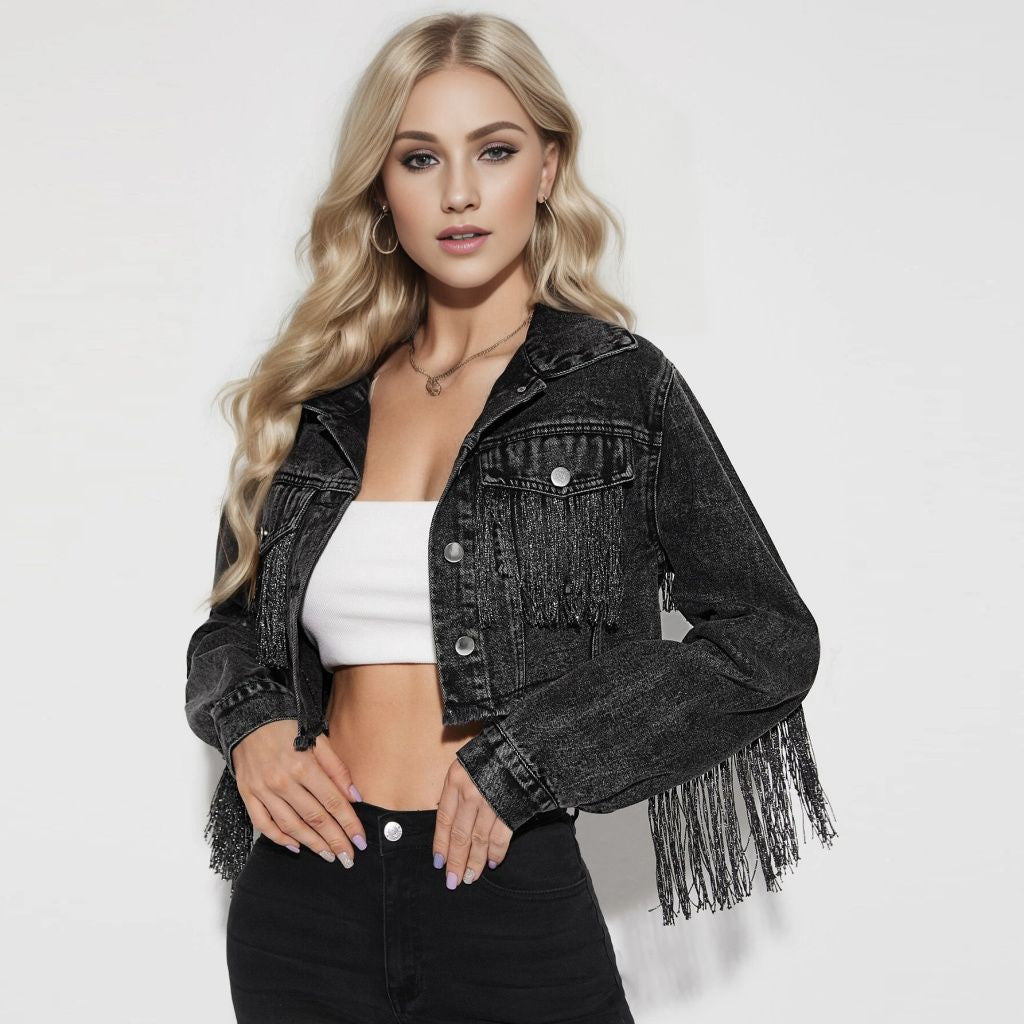 Denim Western Hanging Tassel Fringe Design Women's Cowgirl Jean Jackets