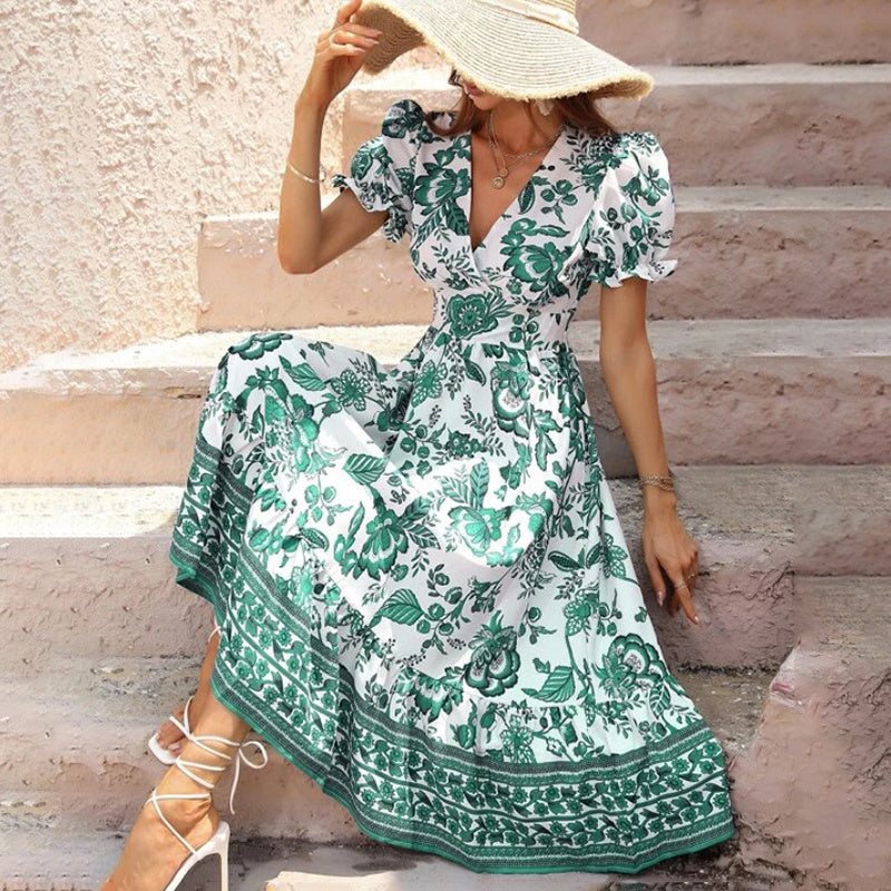 Floral Print Short Puff Sleeve V-Neck Bohemian Flowy Smocked Maxi Dress