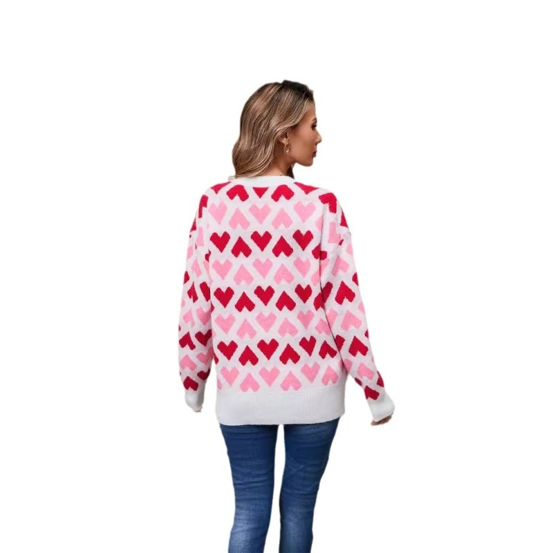 Heart Print Colorblock O-Neck Pullover Long Sleeve Women's Sweater