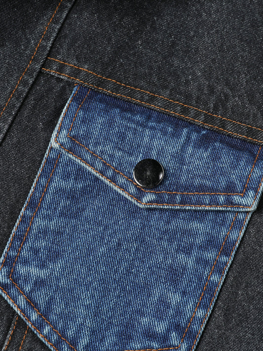 Men's Denim PU Leather Patchwork Colorblock Double Pocket Jean Jacket