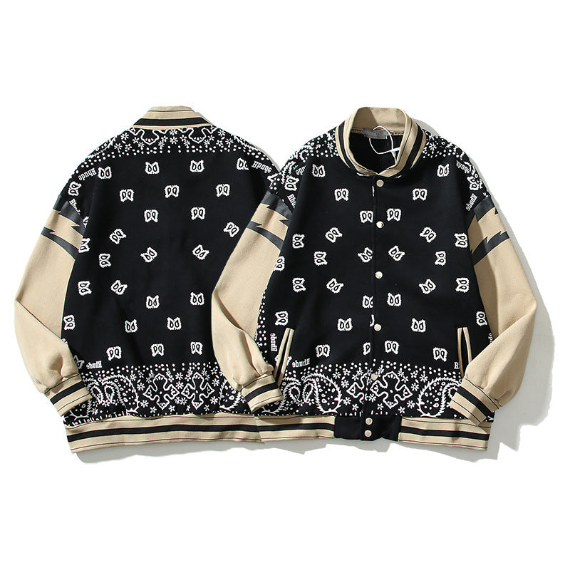 Men's Paisley Colorblock Hip-Hop Cashew Lightning Sleeve Raglan Baseball Bomber Jacket