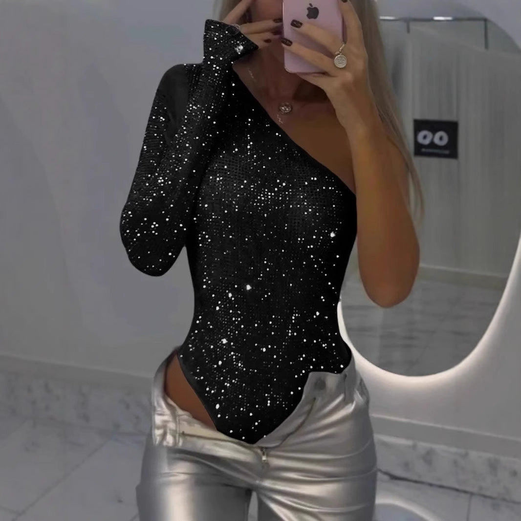 Sparkling Glitter One Shoulder Rhinestone Sequin Women's Asymmetrical Top to 3X Plus Size