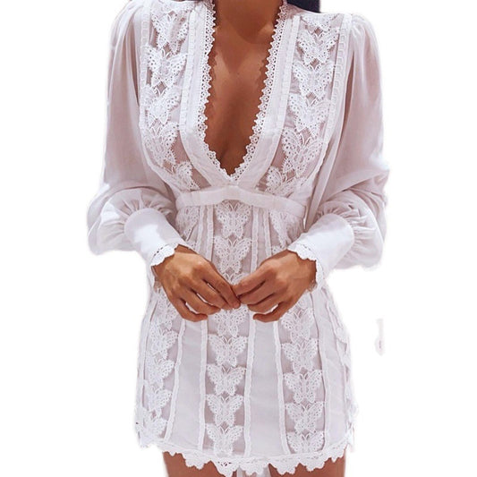 Lace Butterfly Design Deep V-Neck Long Puff Sleeve Mini Beach Dress