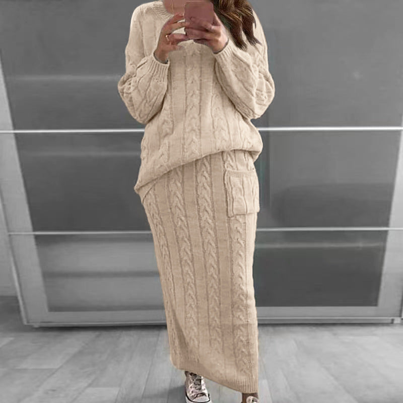 Twisted Weave Pattern Women's Long Sleeve Sweater + Maxi Skirt Knitted 2-Piece Set to 5X Plus Size