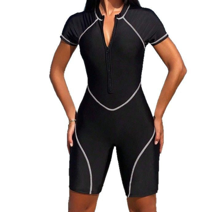 Fitness Solid Color Skin Tight Women's Short Sleeve Workout Zipper Shorts Romper
