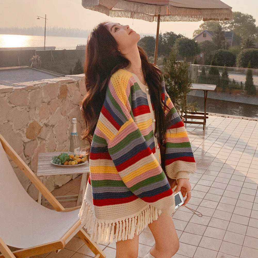 Oversized Striped Multi-Colored Tassel Fringe Design Women's Cardigan Sweater
