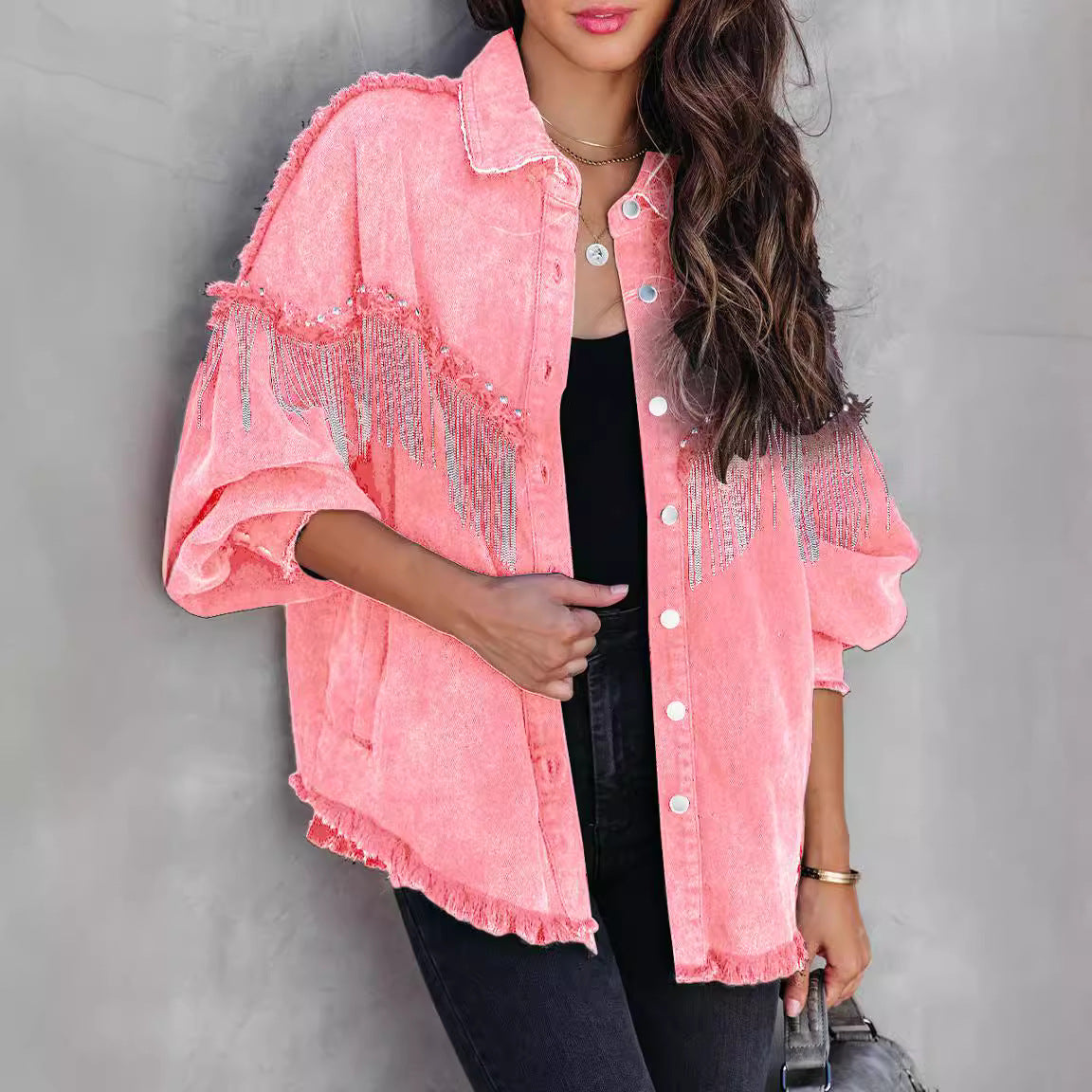Denim Western Tassel Fringe Chain Rivet Design Women's Button-Up Jean Jacket
