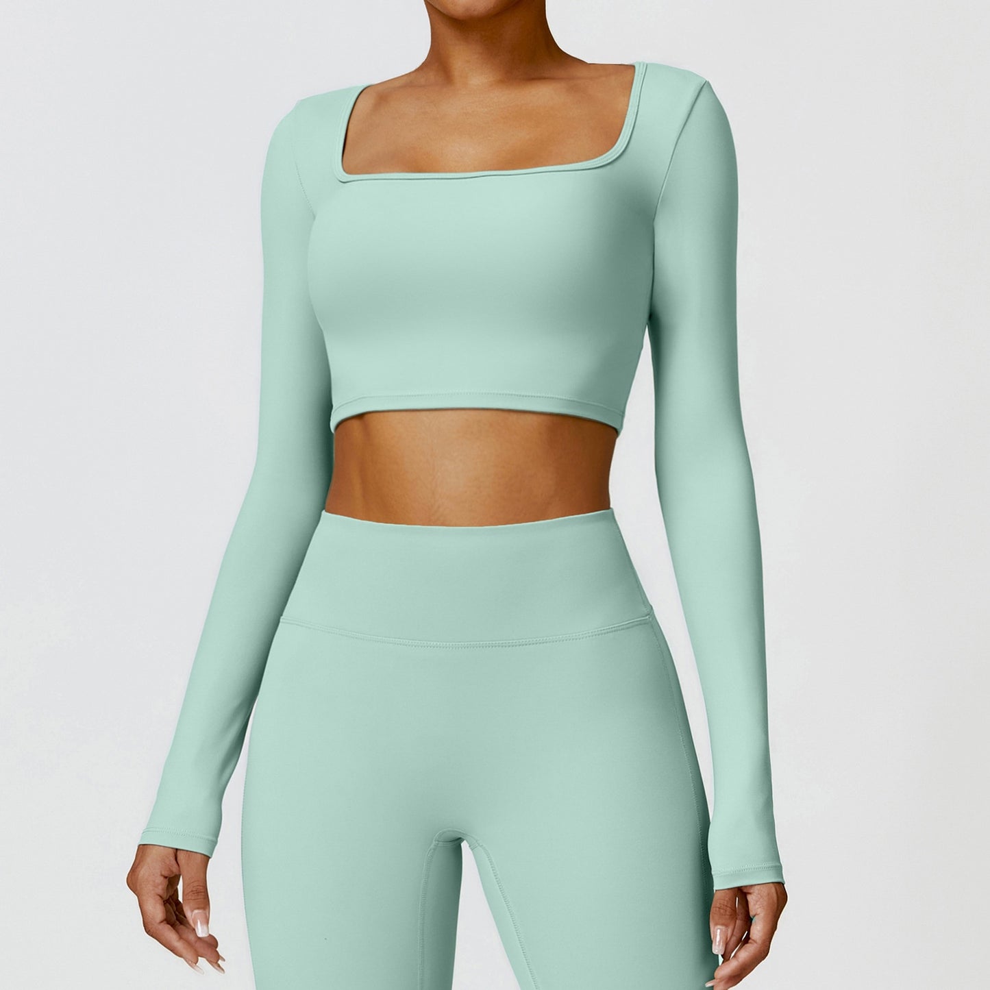 Fitness Long Sleeve Solid Color Workout Crop Top + Leggings Women's 2-Piece Gym Set