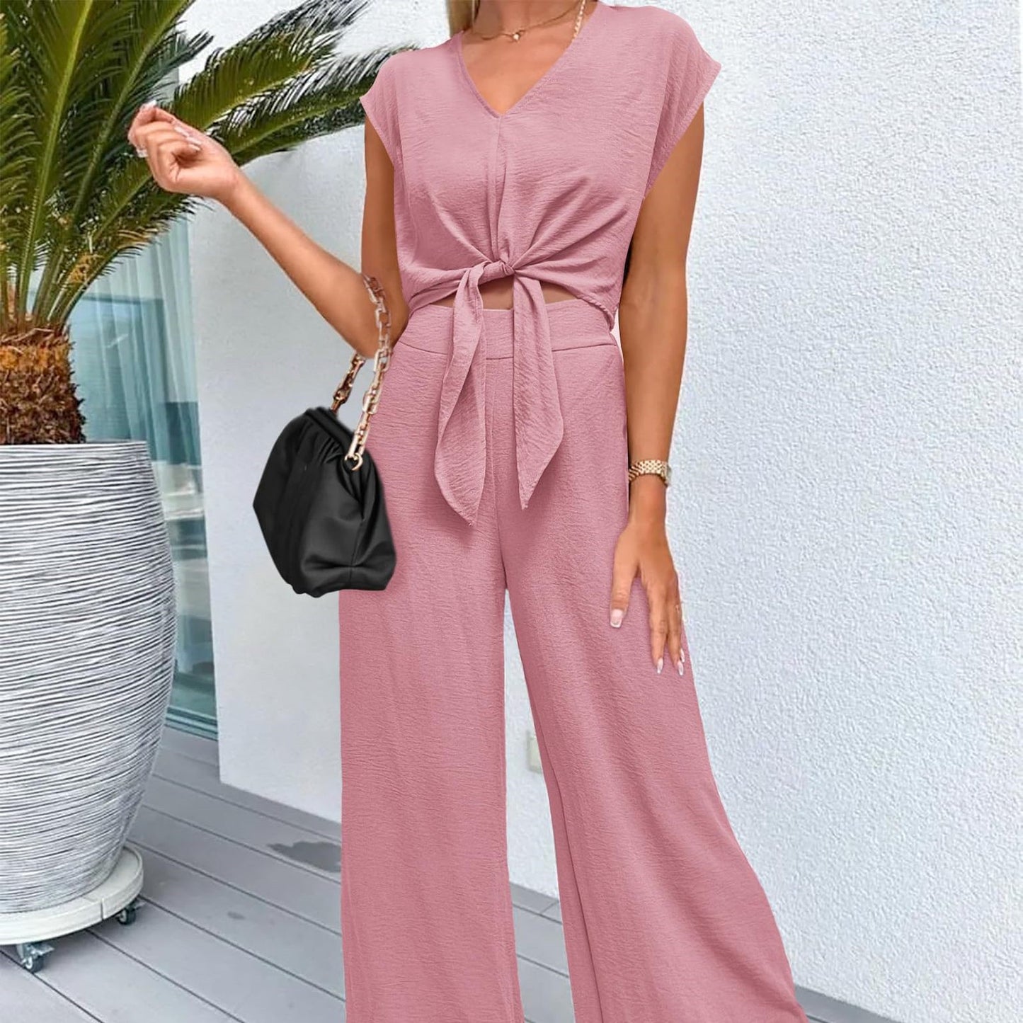 Lace-Up Sleeveless V-Neck Solid Color Women's Crop Top + Wide Leg Leggings 2-Piece Set