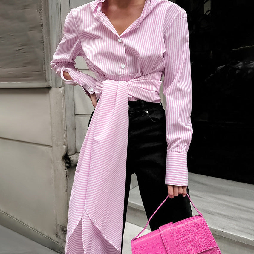 Pinstriped French Style Maxi Sash Design Women's Long Sleeve Blouse