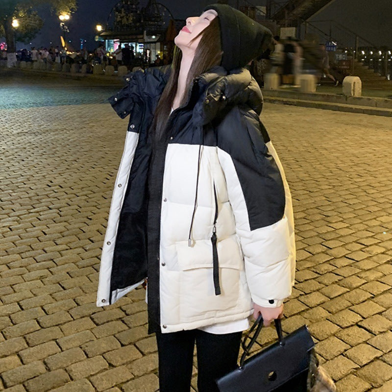 Quilted Oversized Colorblock Cotton Down Women's Puffer Hoodie Jacket