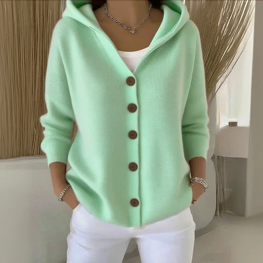 Button-Up Solid Color Knitted Women's Hoodie Cardigan Sweater to 5X Plus Size