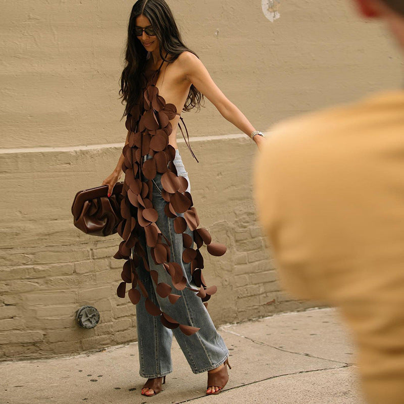 Sleeveless Hollow-Out Hole Tassel Design Lace-Up Bodycon Sleeveless Backless Shirt Dress