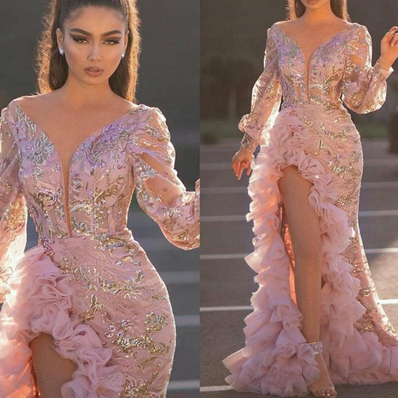 Sequin Mesh Lace Pink Gold Metallic Ruffled Long Sleeve High Slit Evening Formal Party/Prom Maxi Dress