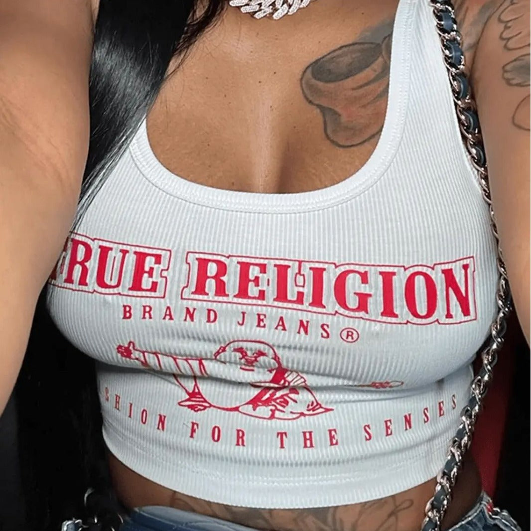 "True Religion" Open Collar Printed Letter Sunken Neck Women's Tank Top