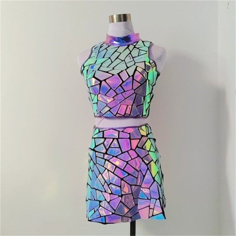 Metallic Silver Purple Geometric Print Sleeveless Crop Top + Mini Skirt 2-Piece Set