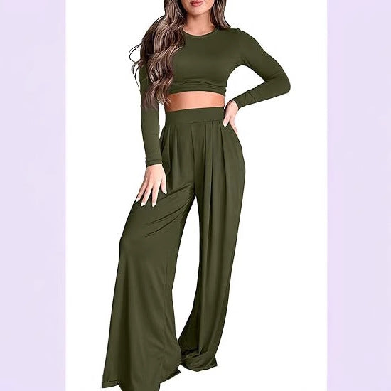 Casual Long Sleeve Crop Top+ Wide Leg Loose Pants Women's 2-Piece Set