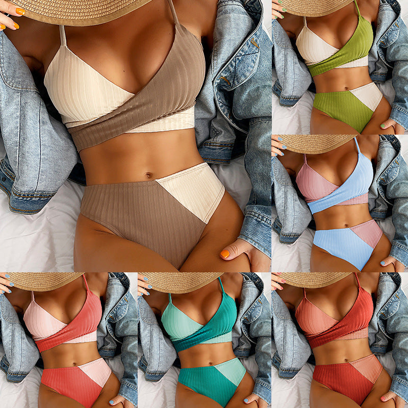 Ribbed Patchwork Colorblock Women's 2-Piece Bikini Swimsuit