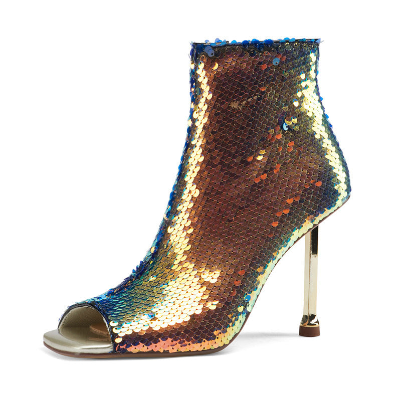 Sequined Metallic FishMouth Zipper Gold Metal Stiletto Heel Women's Ankle Boots