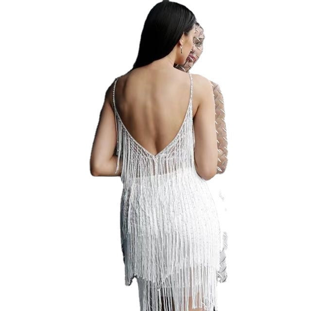 Tassel Fringe Design Sleeveless Deep V-Neck Spaghetti Strap Mini Sling Formal Party Dress