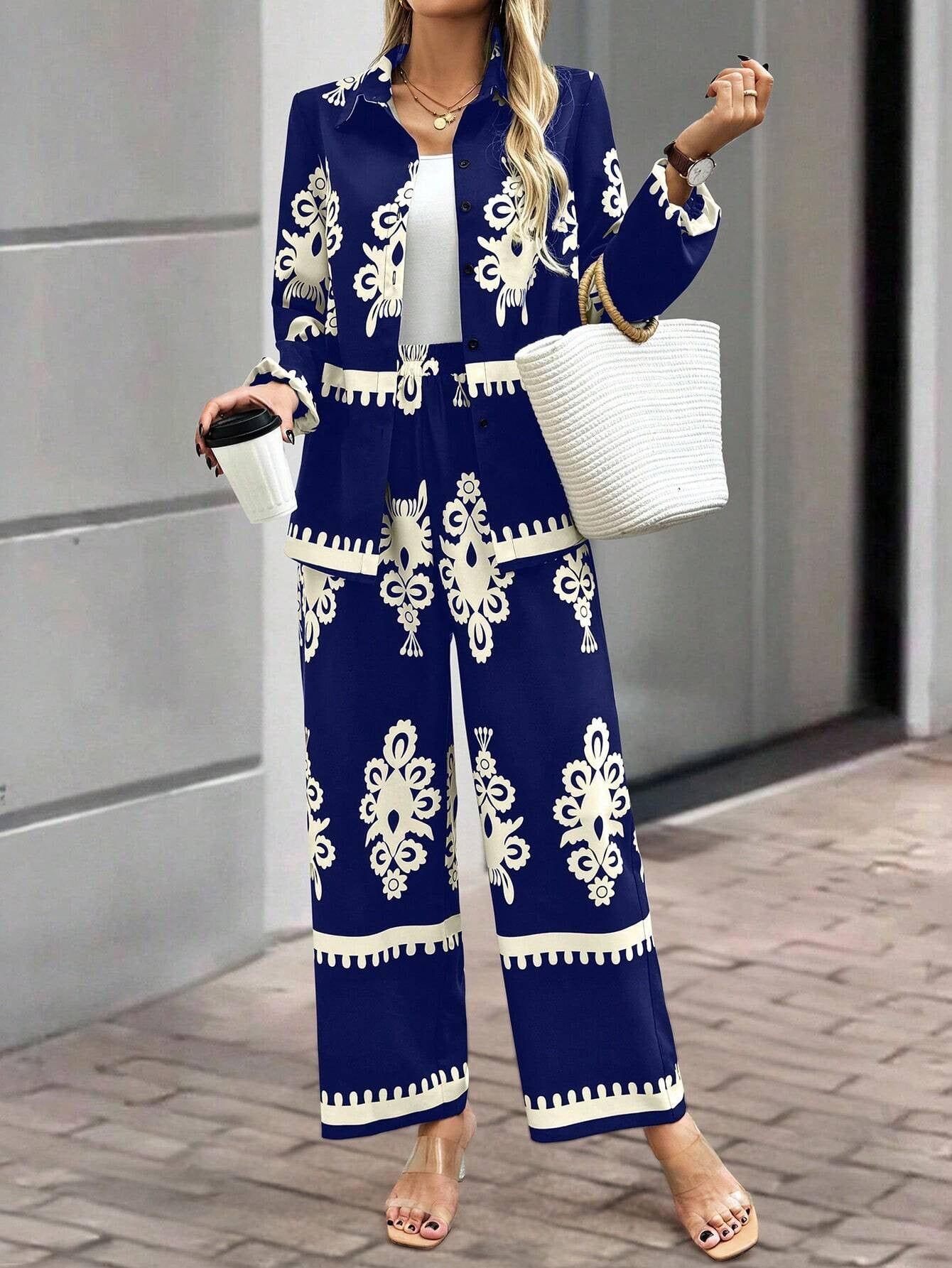 Baroque Embroidered Print Loose Blouse + Pants Women's 2-Piece Set