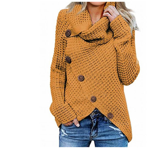 Turtleneck Button Design Long Sleeve Irregular Knitted Sweater
