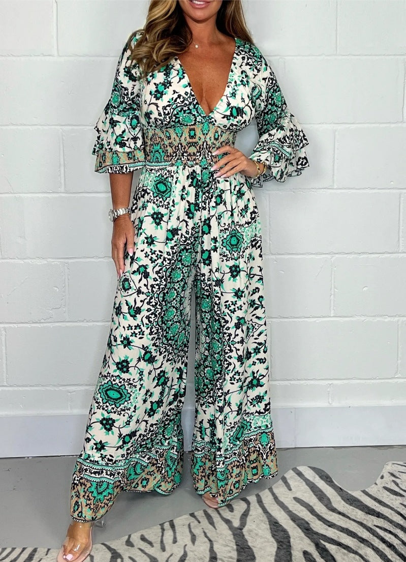 Floral Print Long Sleeve Bohemian Deep V-Neck Women's Wide Leg Jumpsuit to 3X Plus Size