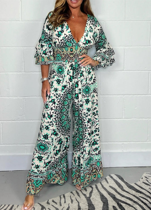 Floral Print Long Sleeve Bohemian Deep V-Neck Women's Wide Leg Jumpsuit to 3X Plus Size