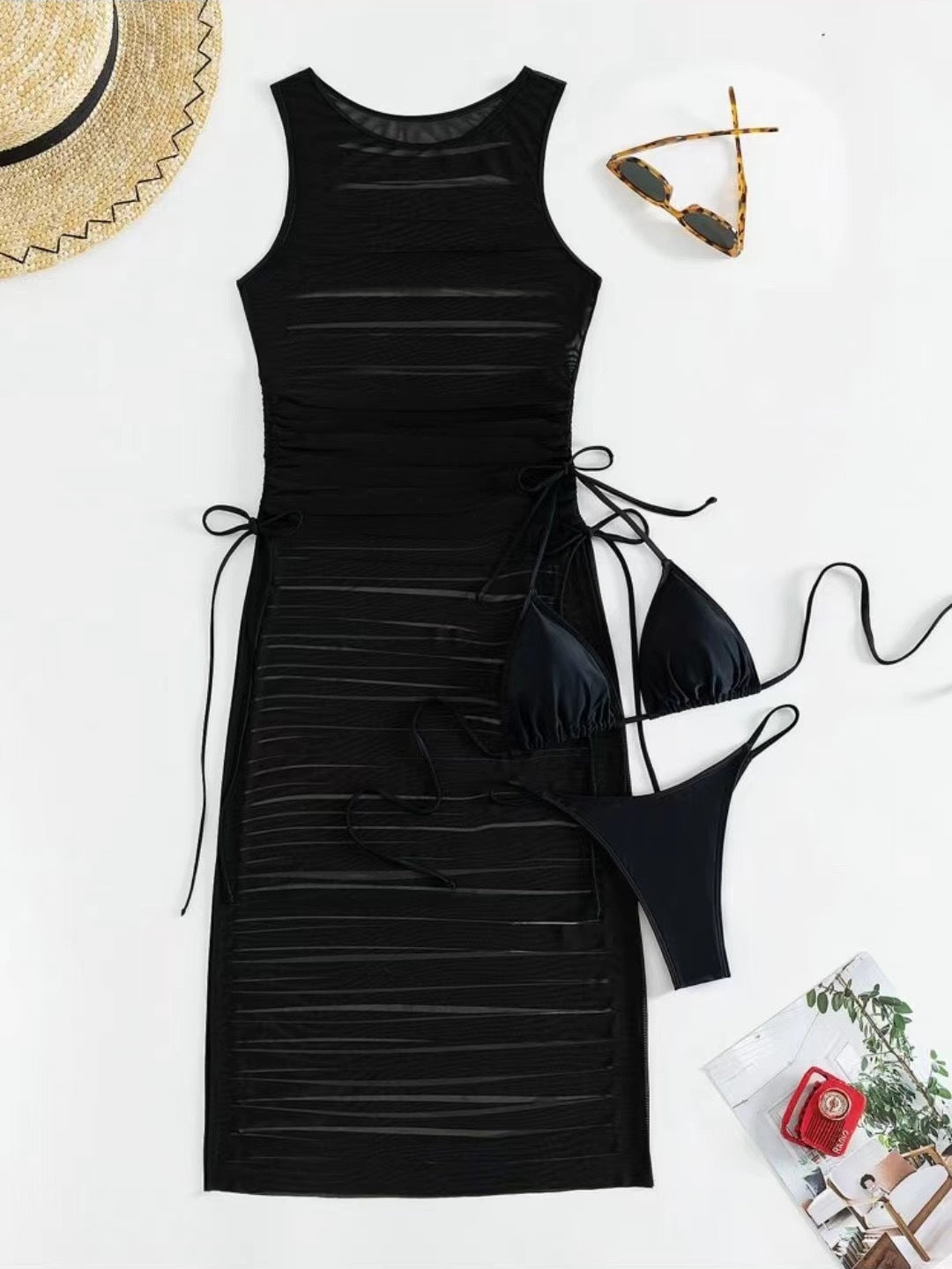 3-Piece Set: Ripped Fringe Sleeveless Hollow-Out Solid Color Swimsuit Cover-Up w/ Bikini Swimsuit