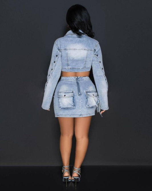 Washed Faded Denim Light Button-Up Cropped Jean Jacket + Cargo Pocketed Zipper Irregular High Slit Mini Jean Skirt Women's 2-Piece Set