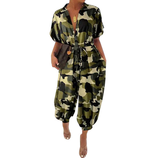 Camoflauge Print Button-Up Women's Turn-Down Collar Short Sleeve Harem Pants Jumpsuit