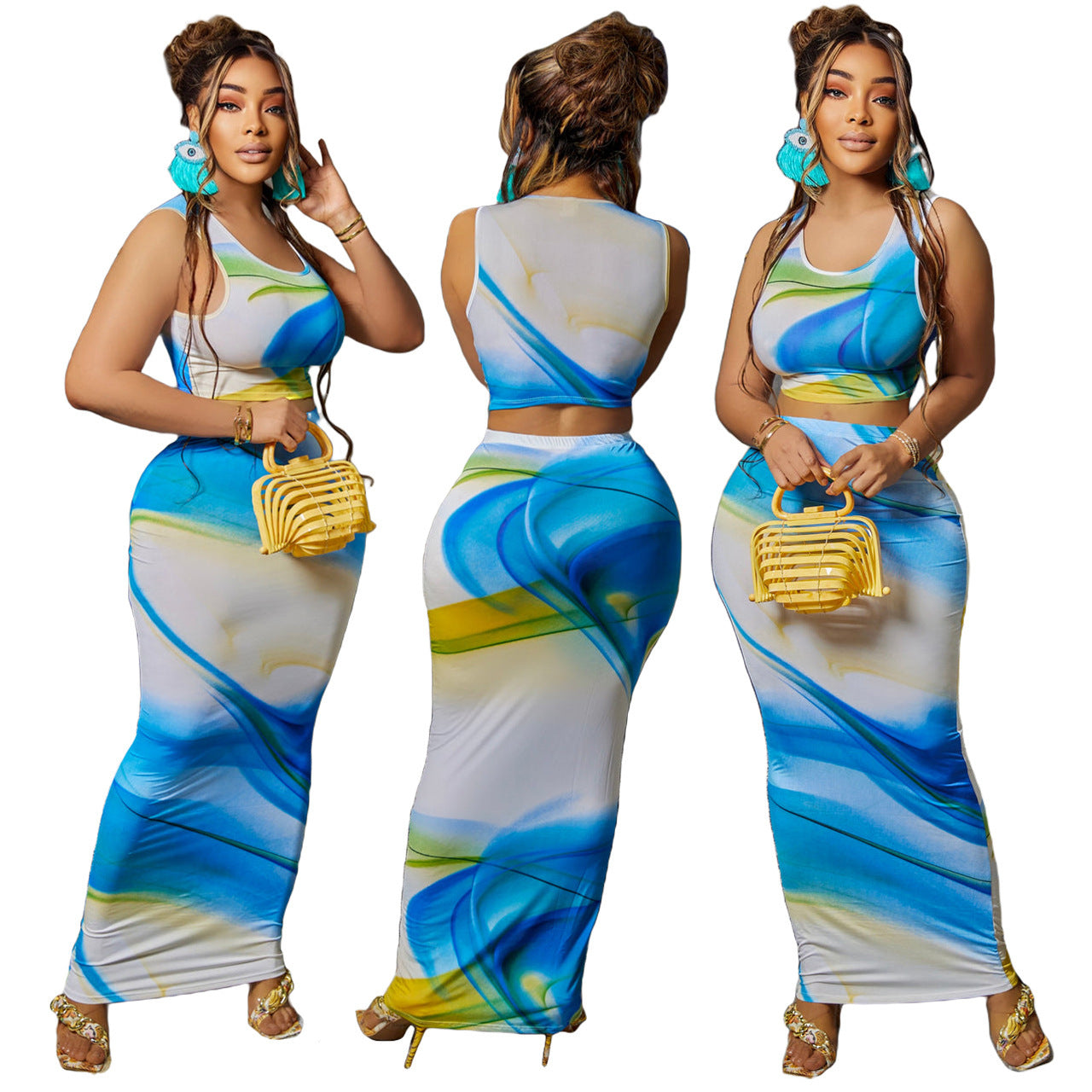 Sleeveless Blue/White Ocean Print Crop Tank Top + Maxi Skirt Women's 2-Piece Set