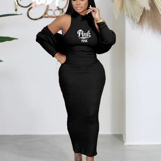 "Pink" Ribbed Knitted Women's Cardigan + Sleeveless Maxi Dress 2-Piece Set