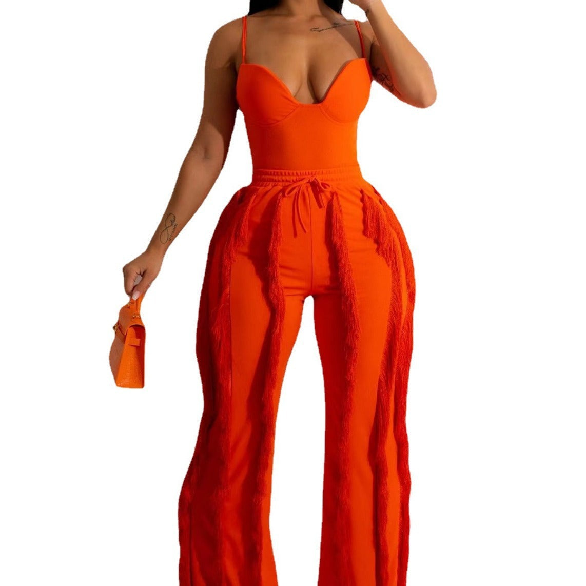 Solid Color V-Neck Tank Top + Tassel Fringe Pants Women's 2-Piece Set